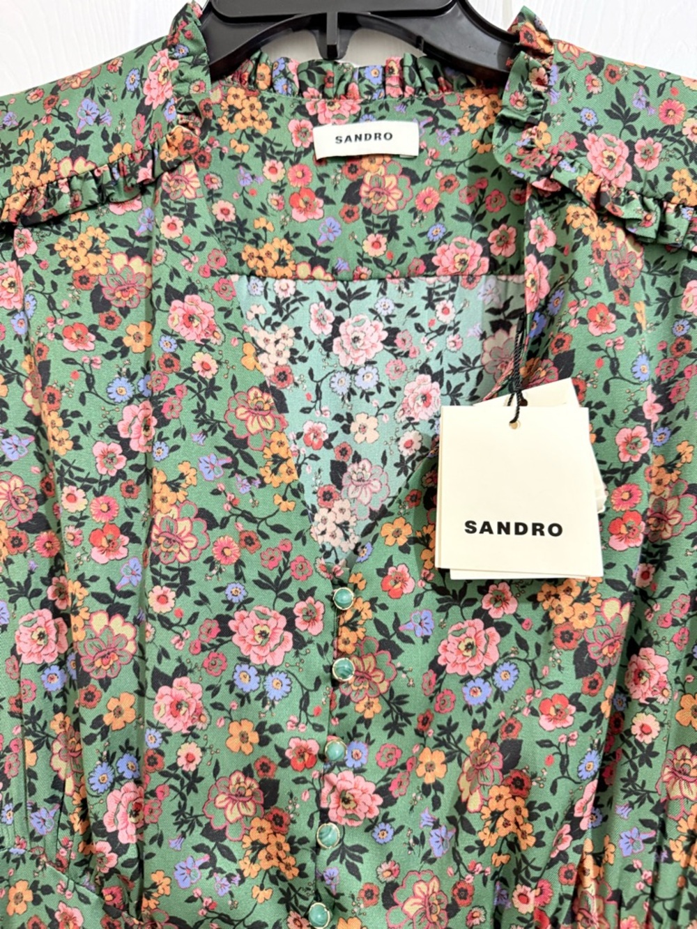 Sandro Green Floral Ruffle Button Dress
